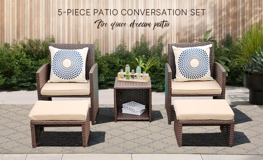Description Picture 2 of itemJARDINA 5 Pieces Outdoor Garden Rattan Patio Furniture Set with Beige Cushions, Brown Wicker Chair with Ottoman, Storage Table