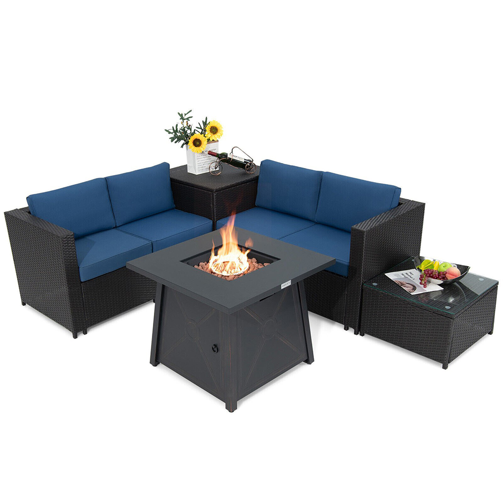 Goplus Costway 5PCS Patio Rattan Furniture Set 30" Gas Fire Pit Table W/Cover Navy
