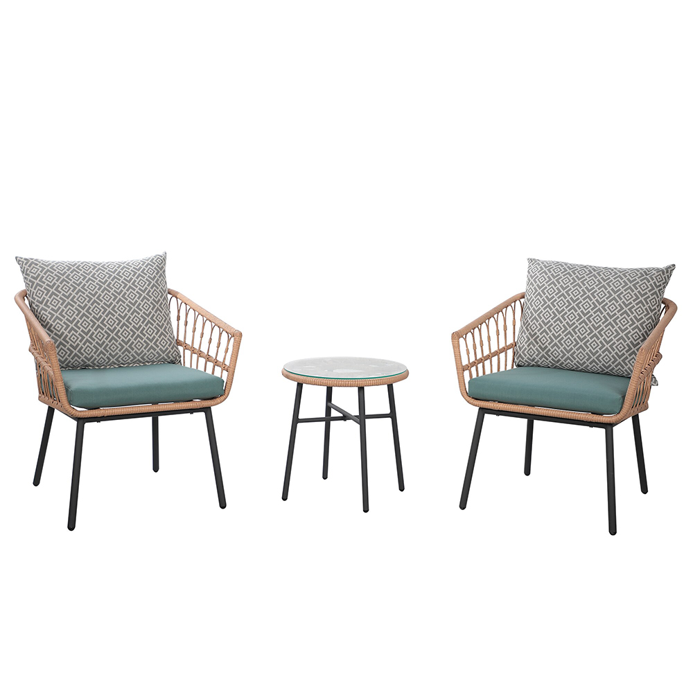 JARDINA 3 Pieces Patio Bistro Set Rattan Armchairs with Round Glass Coffee Table, Cream & Aqua