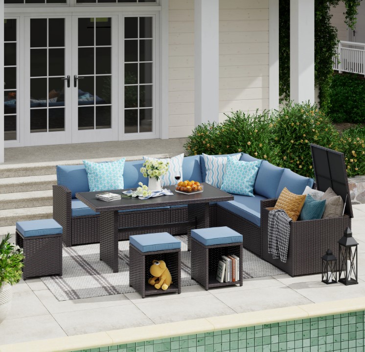 JARDINA 7 Piece Outdoor Dining Set Wicker Patio Sectional Set with Dining Table