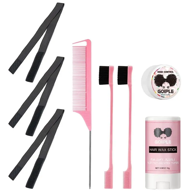 GOIPLE Hairstyle 8PCS Kit Hair Wax Stick Edge Control for Smoothing Hair Rat Tail Comb Edge Brush Wig Elastic Band Travel Suit