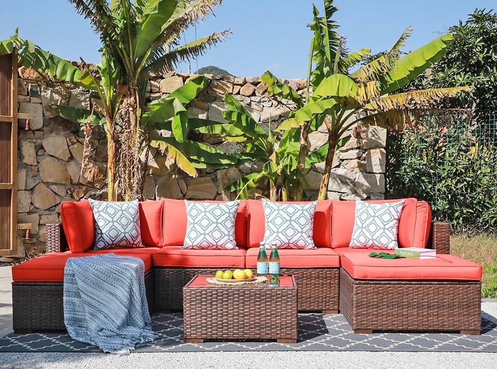 JARDINA 7 Pieces Outdoor Patio Sectional Set Wicker Garden Sofa Set