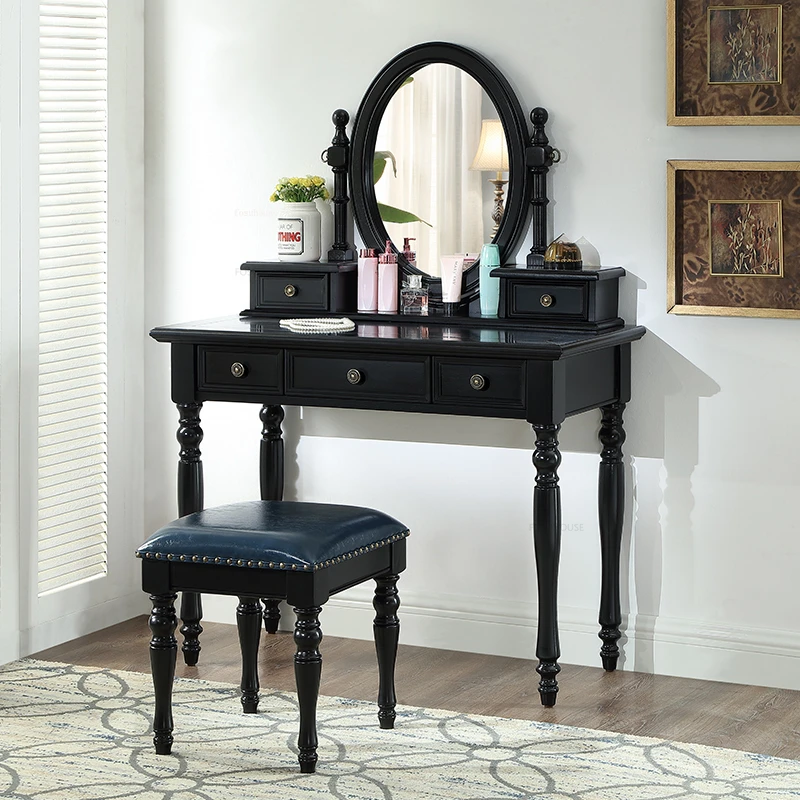 American Retro Solid Wood Dressers Bedroom Furniture Storage Dressing Table with Mirror European Household Storage Vanity Table