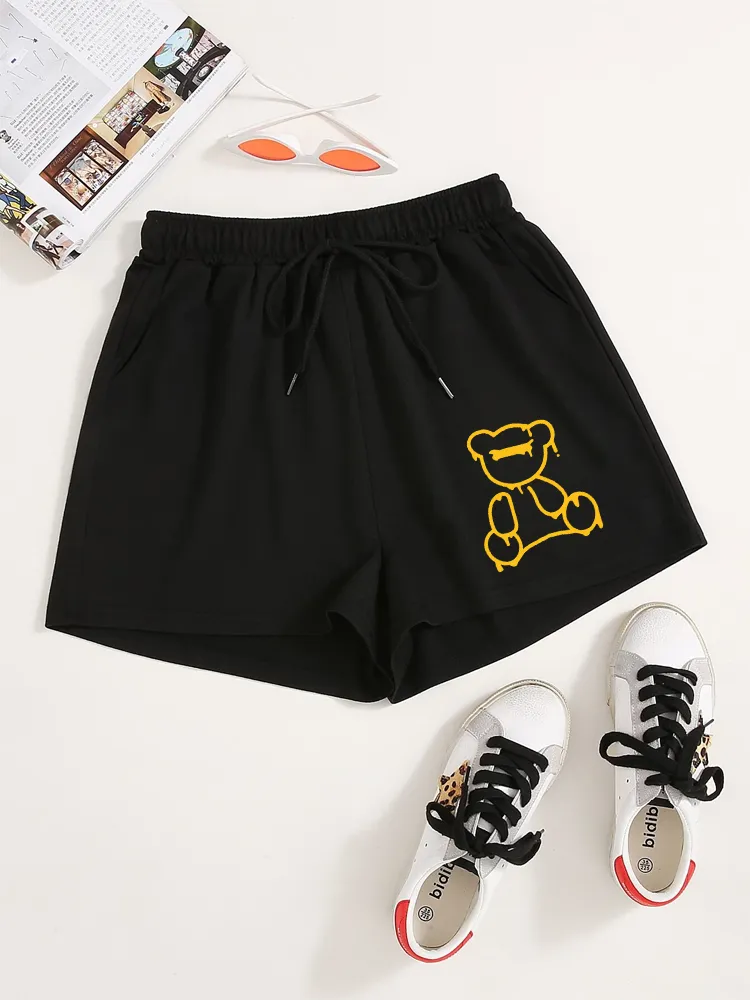 Bear Print Drawstring Shorts, Casual Shorts For Spring & Summer, Women's Clothing