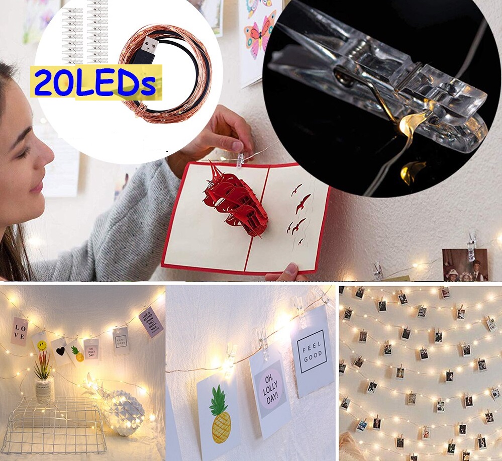 Wall Decor Hanging Pictures String Lights + Photo Clips USB 20 LED