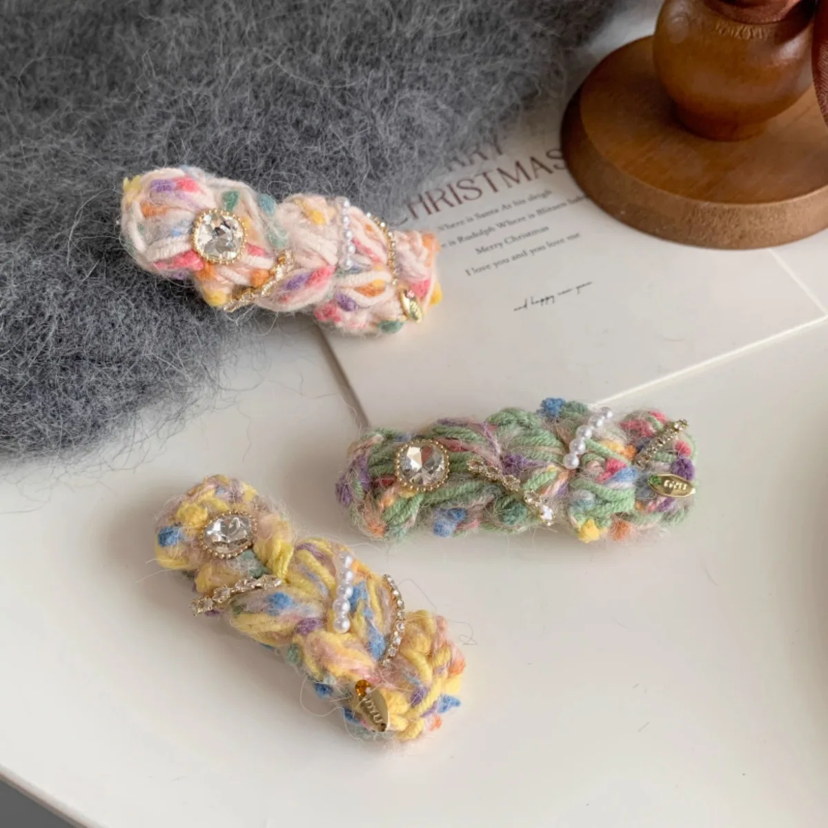 Colorful Wool Knitting Hair Clip Sweet Pearl Zircon Barrettes Hairpins Children's Baby Bangs Side BB Clip Women Hair Accessories