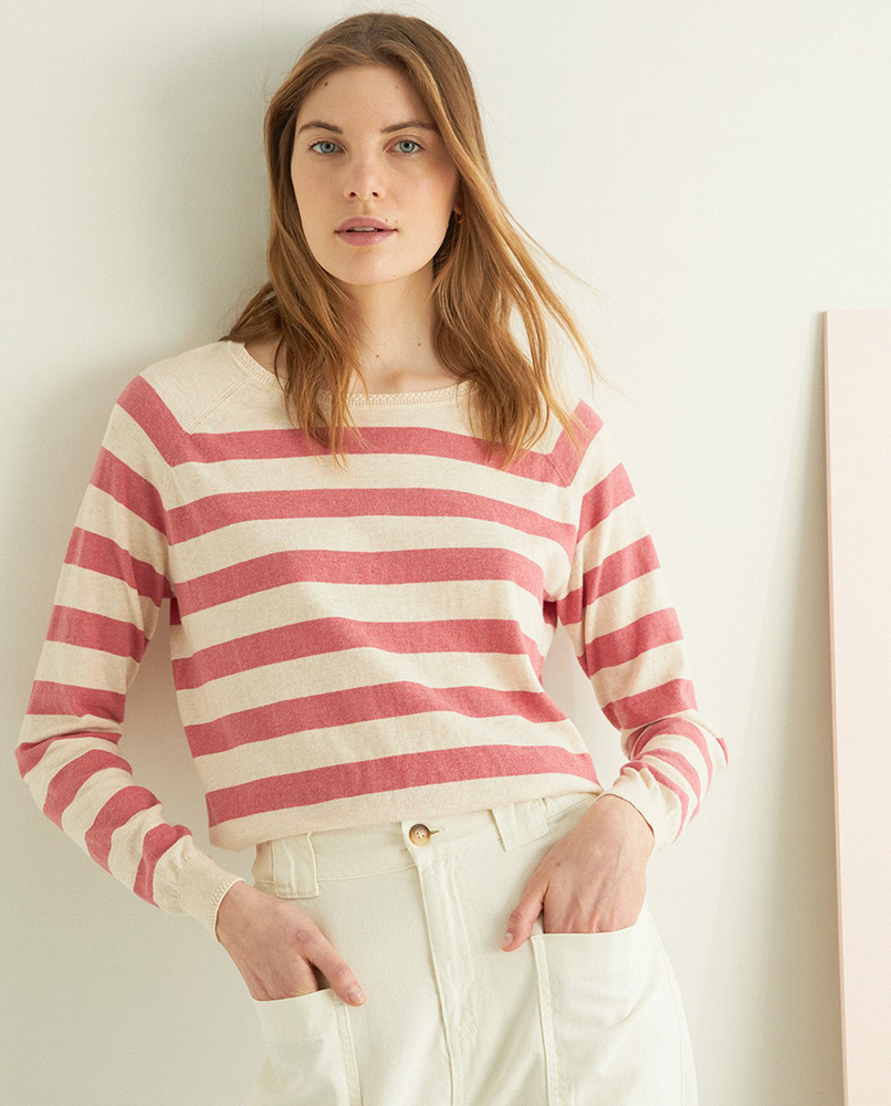 100% ORGANIC-COTTON STRIPED SWEATER ECRU