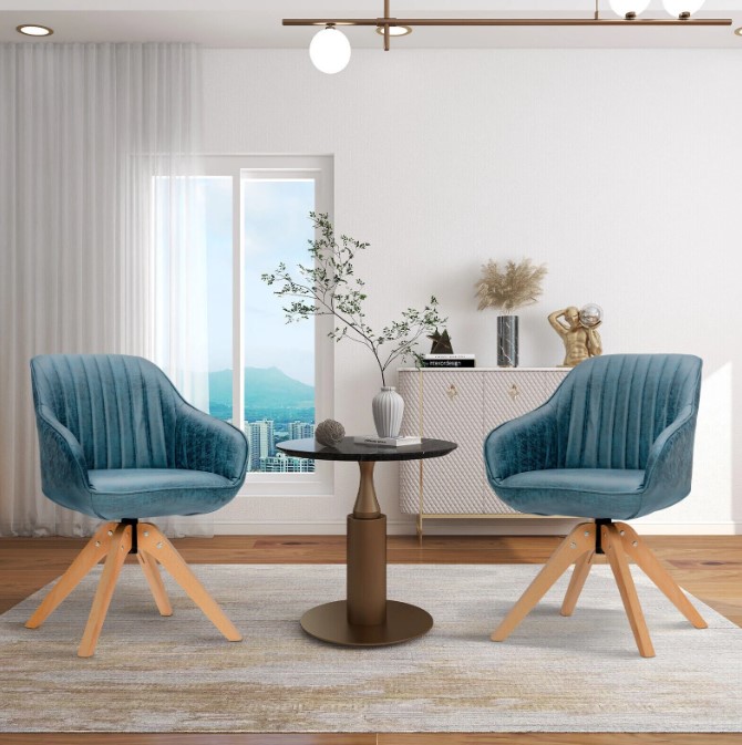 Goplus Costway Set of 2 Swivel Accent Chair Modern Leathaire Armchairs w/ Beech Wood Legs Blue