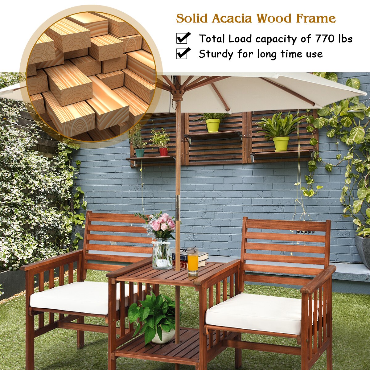 Description Picture 5 of itemGoplus Patio Loveseat Set Acacia Wood Chair Coffee Table Cushioned Umbrella Hole