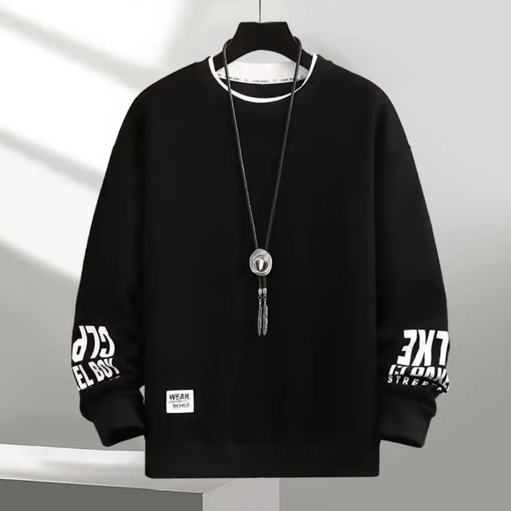 Fall Winter Men Sweatshirt Round Neck Loose Mid Length Thick Sweatshirt Elastic Cuff Fake Two-piece Men Top