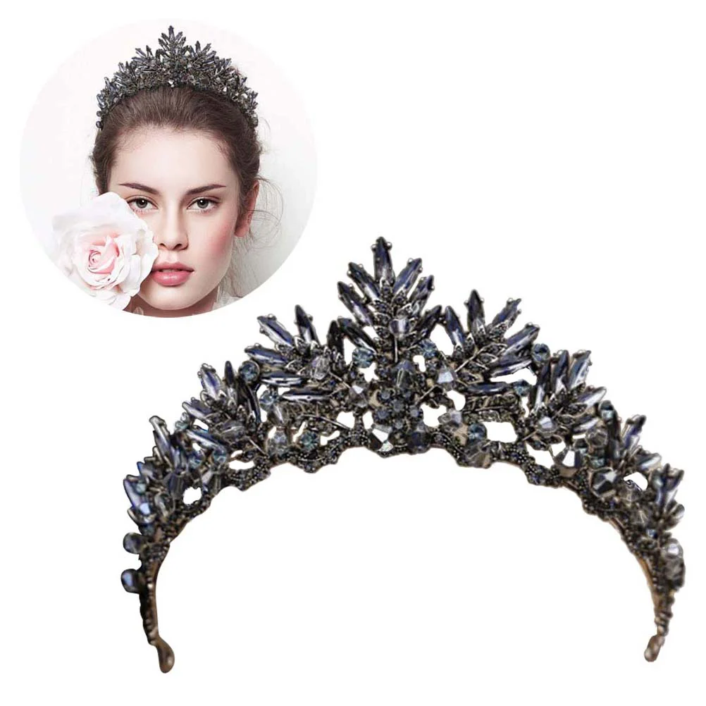 Vintage Baroque Crown Alloy Headdress Bridal Tiara Hairband Hair Accessory Wedding Headpiece (Black)