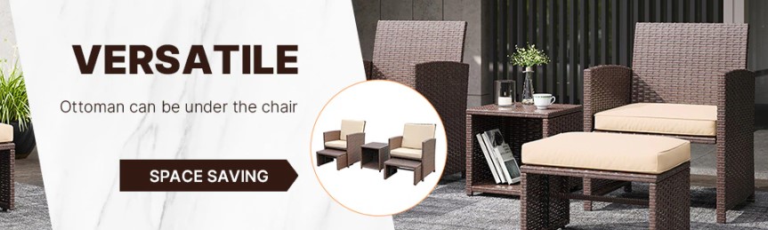 Description Picture 4 of itemJARDINA 5 Pieces Outdoor Garden Rattan Patio Furniture Set with Beige Cushions, Brown Wicker Chair with Ottoman, Storage Table