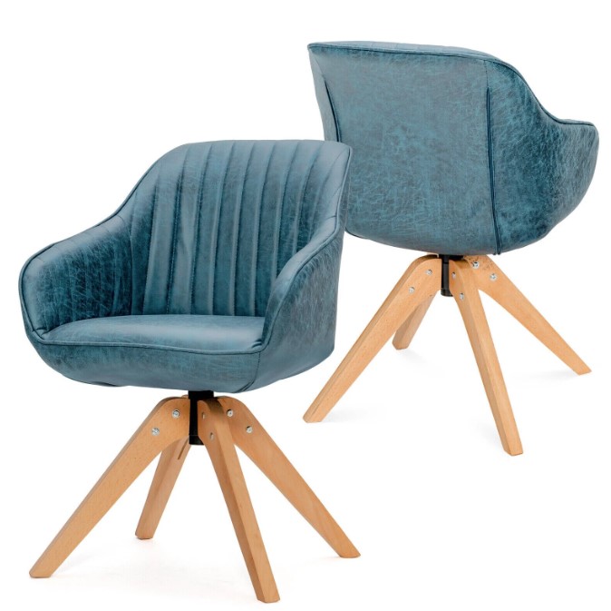 Goplus Costway Set of 2 Swivel Accent Chair Modern Leathaire Armchairs w/ Beech Wood Legs Blue