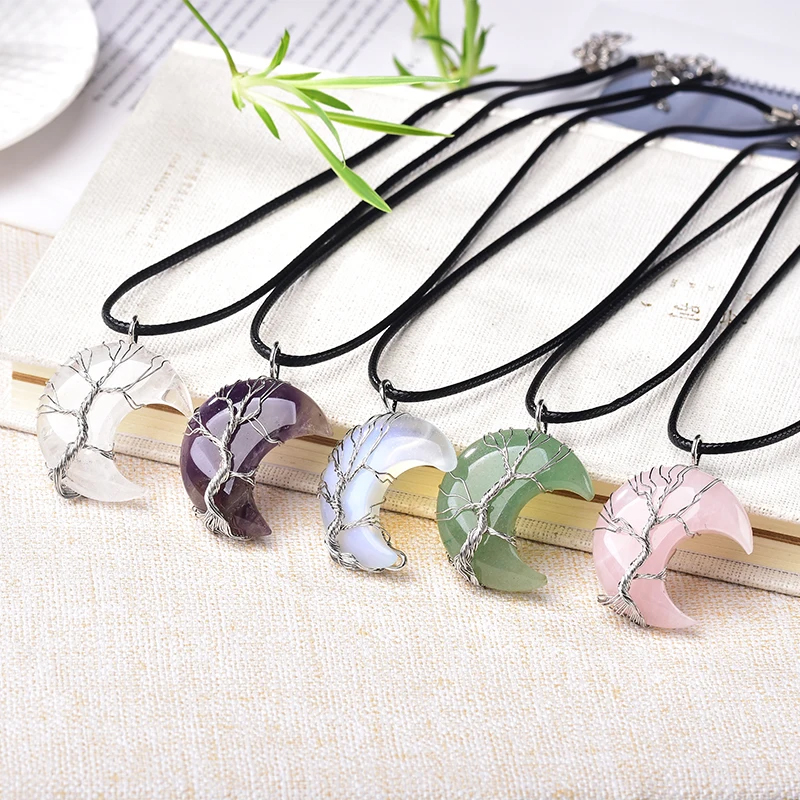 Tree of Life Moon Crystal Pendant: Natural Reiki Healing Stone Jewelry for Men and Women