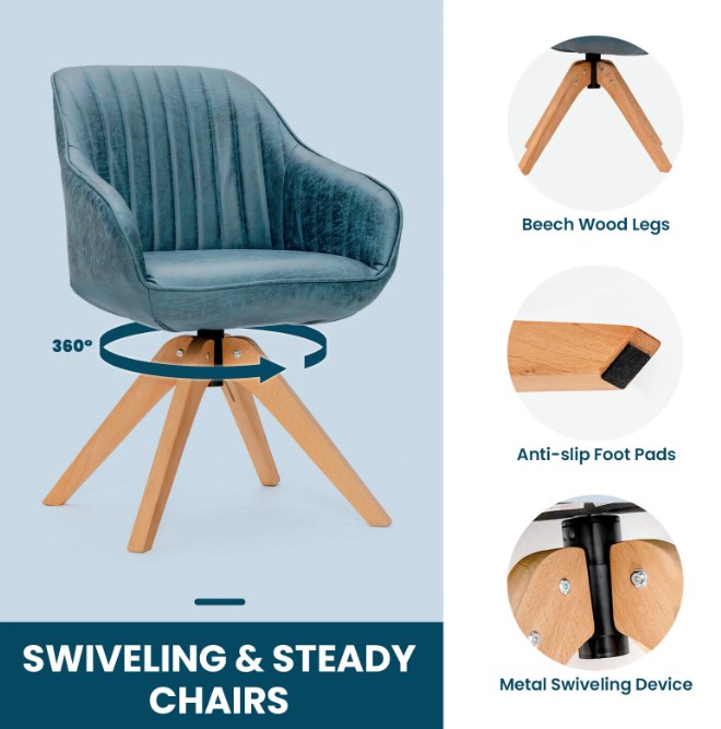 Goplus Costway Set of 2 Swivel Accent Chair Modern Leathaire Armchairs w/ Beech Wood Legs Blue