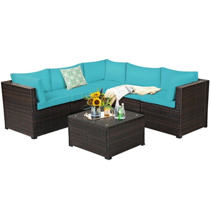 Goplus 6PCS Patio Rattan Furniture Set, Sectional Cushioned Sofa Deck, Turquoise
