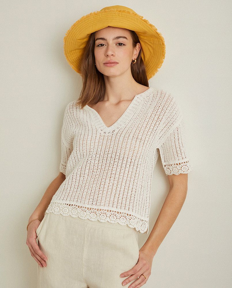 100% COTTON SHORT-SLEEVE CROCHET SWEATER NATURAL