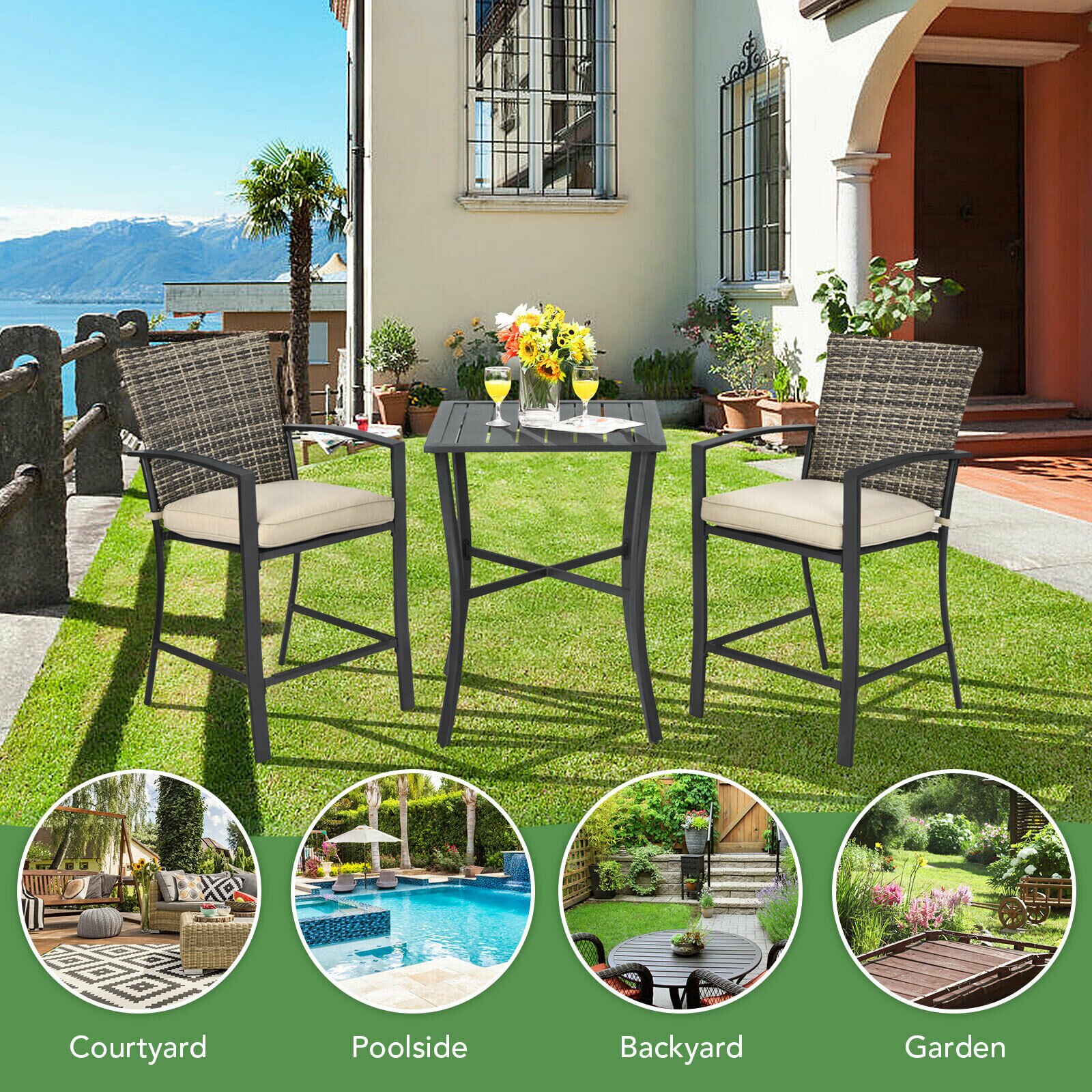 Description Picture 5 of itemGoplus 3PCS Patio Rattan Bar Furniture Set Slat Table 2 Cushioned Stools Poolside Gray