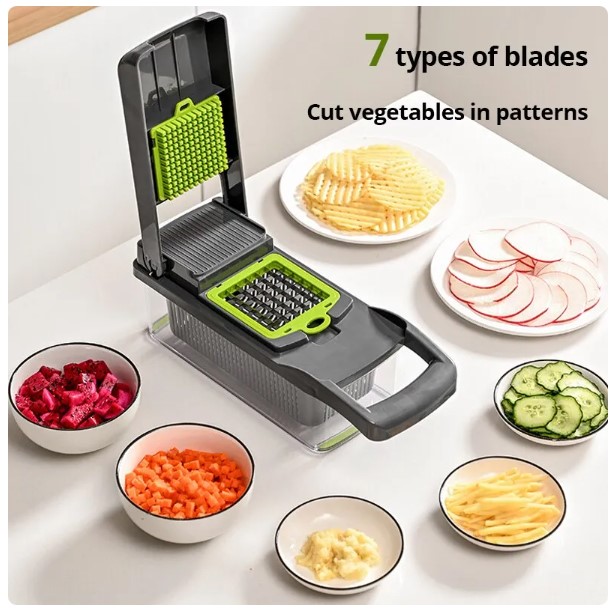 Description Picture 4 of itemVegMaster Pro: 12-in-1 Multifunctional Vegetable Slicer Cutter - Green Black Design with Basket for Effortless Shredding