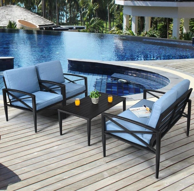 Goplus 4PCS Patio Furniture Set Aluminum Frame Cushioned Sofa, Blue