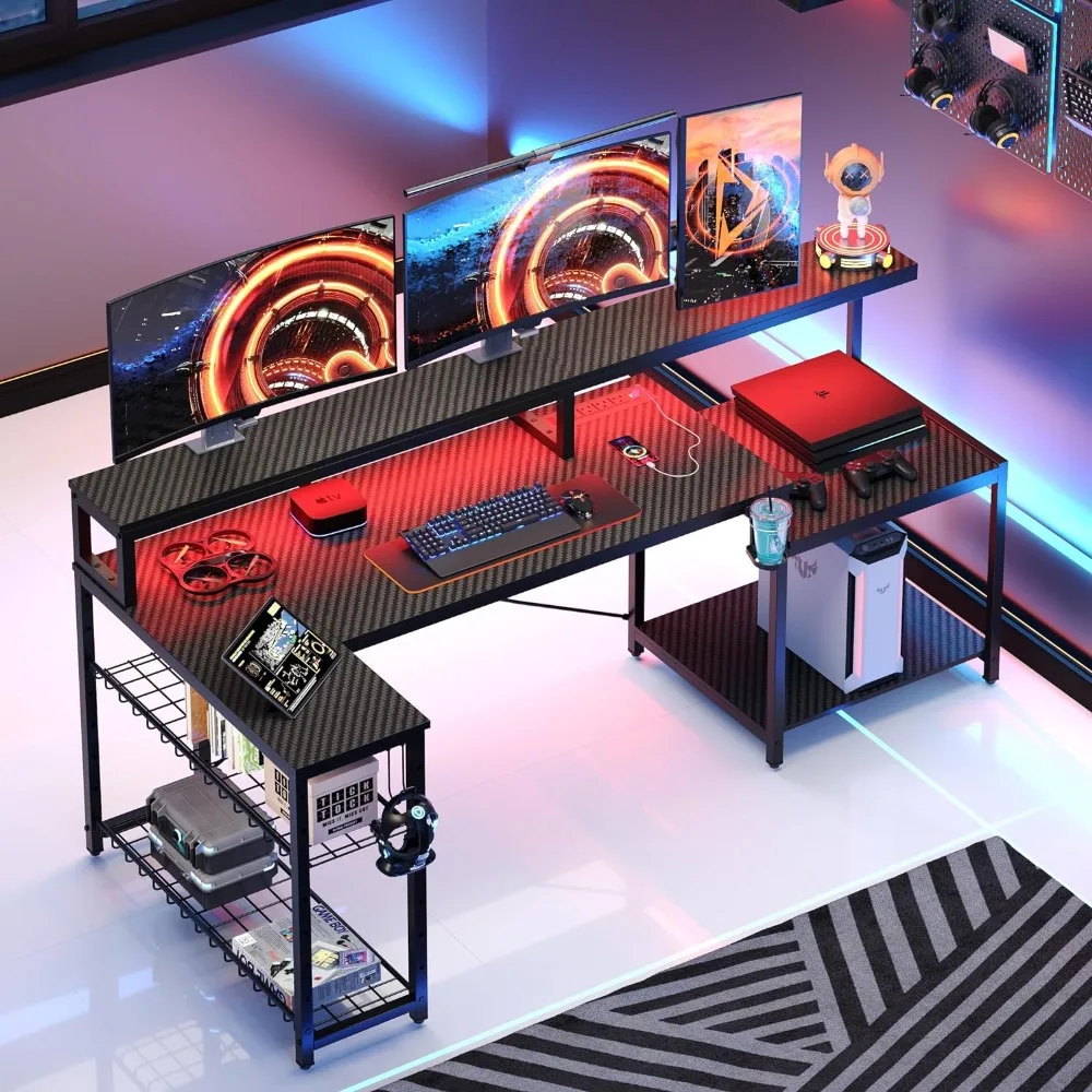 Large Corner Desk With Storage Shelf L Shaped Gaming Desk With Power Outlets Table Computer Desks Cup Holder Headset Hooks Black