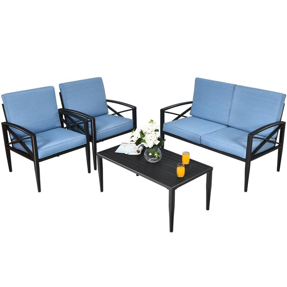 Goplus 4PCS Patio Furniture Set Aluminum Frame Cushioned Sofa, Blue