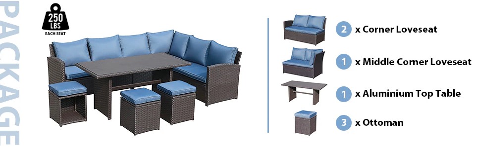 Description Picture 5 of itemJARDINA 7 Piece Outdoor Dining Set Wicker Patio Sectional Set with Dining Table