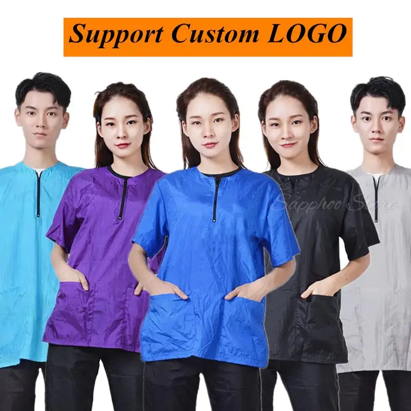Pet Shop Groomer Waterproof Top Non-stick Hair Dog Bathing Short Sleeve Plus Size Round Neck Zipper Work Clothes Custom LOGO
