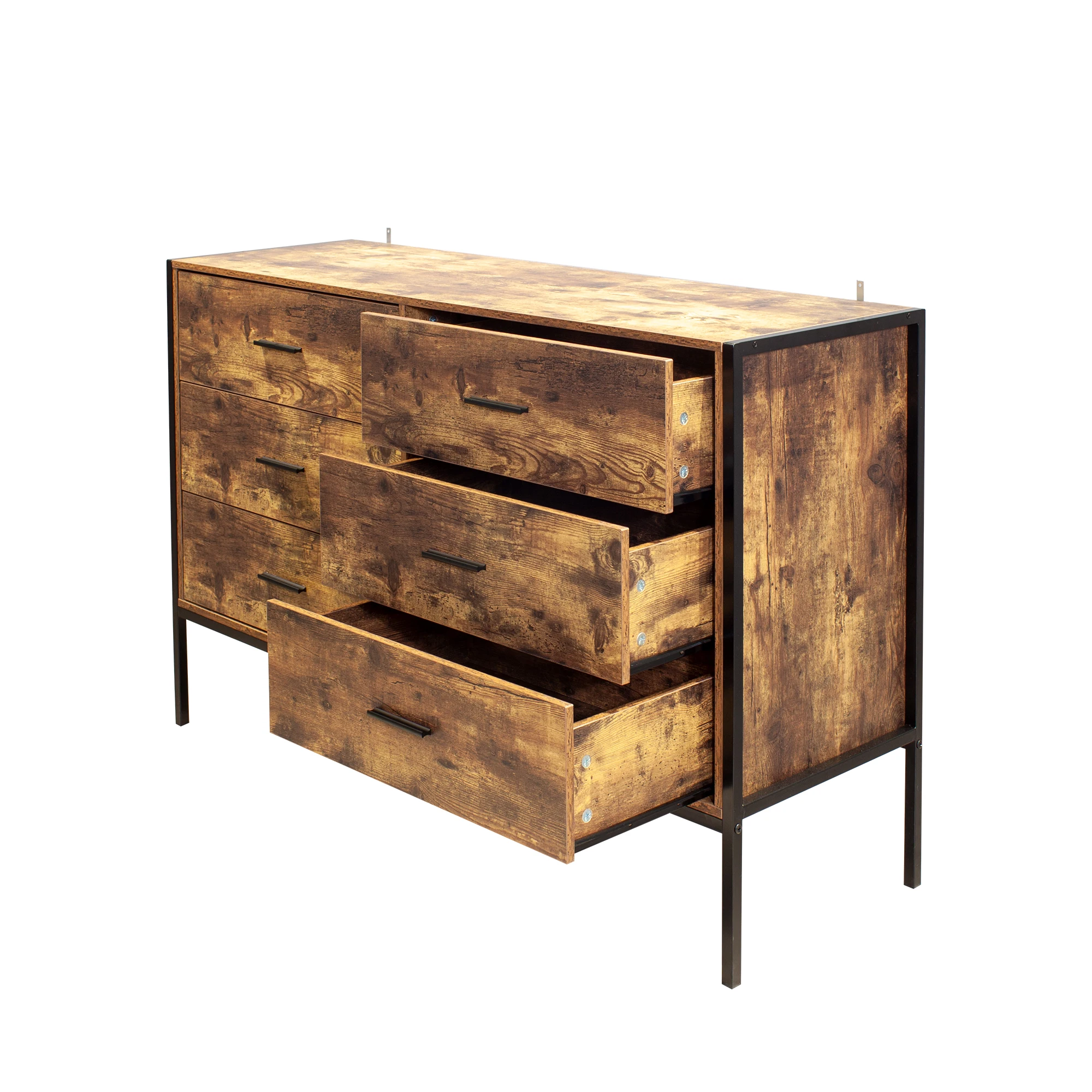 Industrial Style 6 Drawer Double Dresser,Rustic Brown Wood Storage Dresser Clothes Organizer with Sturdy Steel Frame