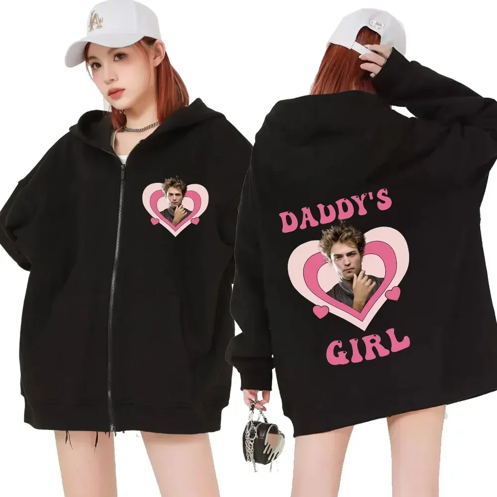 Daddy's Girl Robert Pattinson Graphic Zip Up Hoodie Unisex Fashion Zipper Sweatshirt Men Oversized Jacket Hooded Coat Streetwear