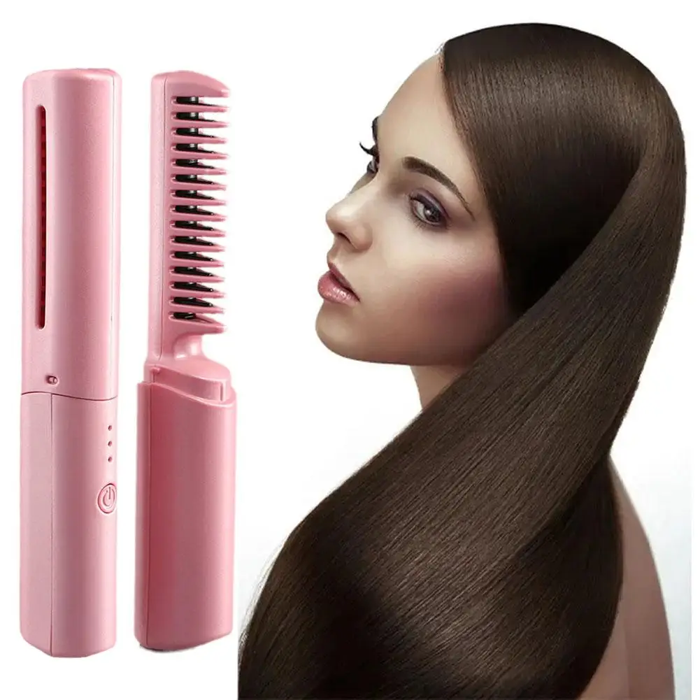 Straight Hair Comb Curling Stick  Mini USB Charging For Wireless Hair Straightener  Heatable  Lazy Person Portable Travel Roll