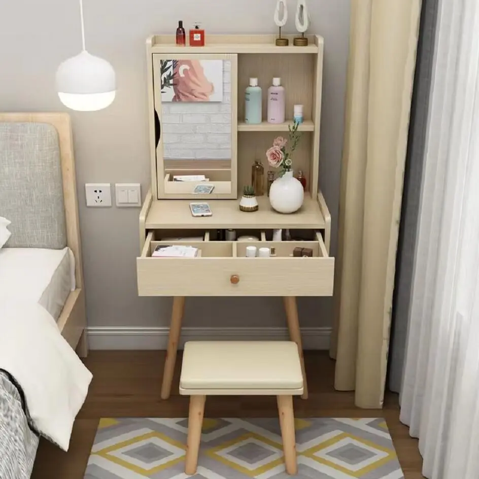 New 40/50/60/cm Makeup Dressing Table Set with Stool Makeup Vanity Table Storage Beside Bedroom Table with Stool and Drawer