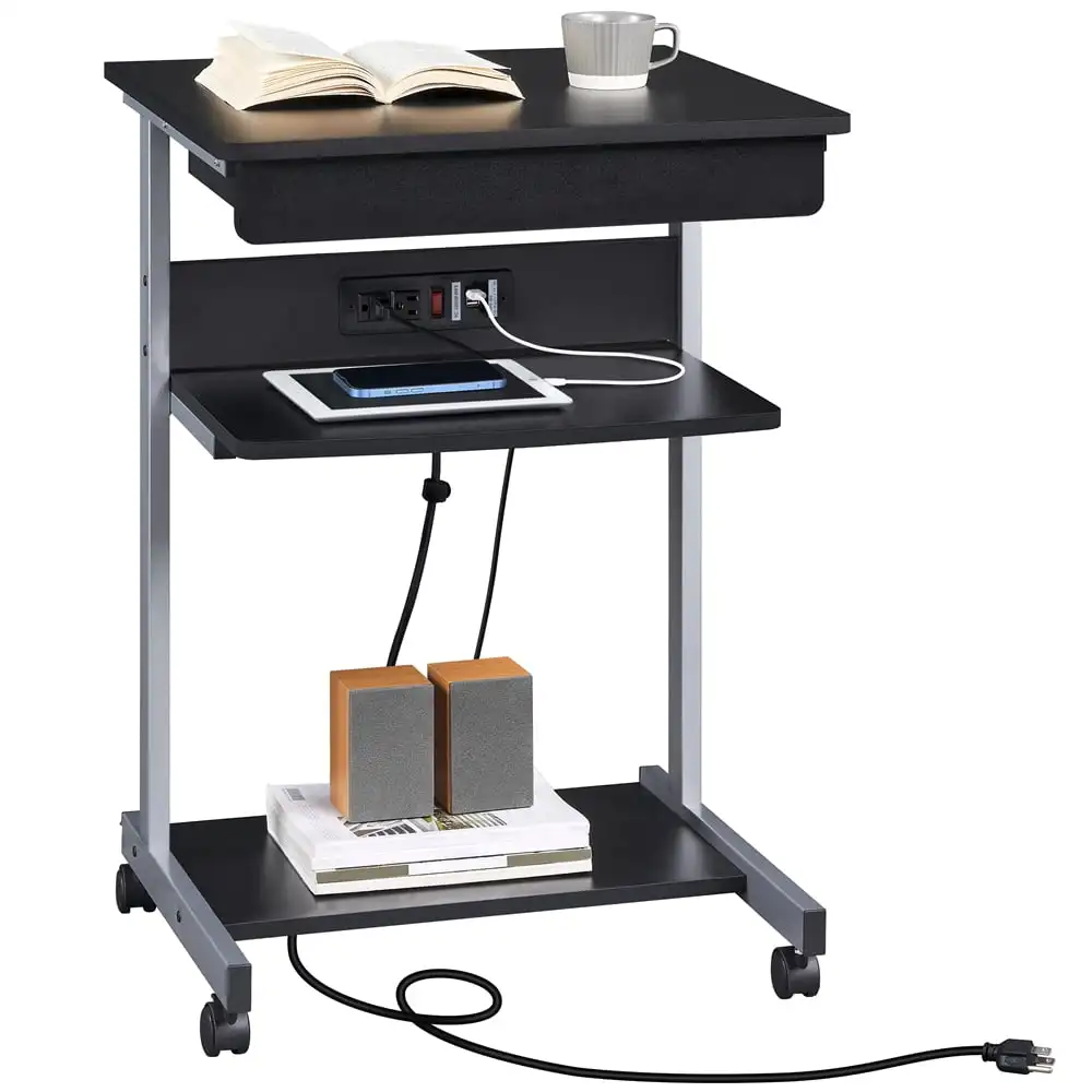 SMILE MART 22in Rolling Laptop Computer Table with Power Outlet for Home, Black standing desk converter desk table
