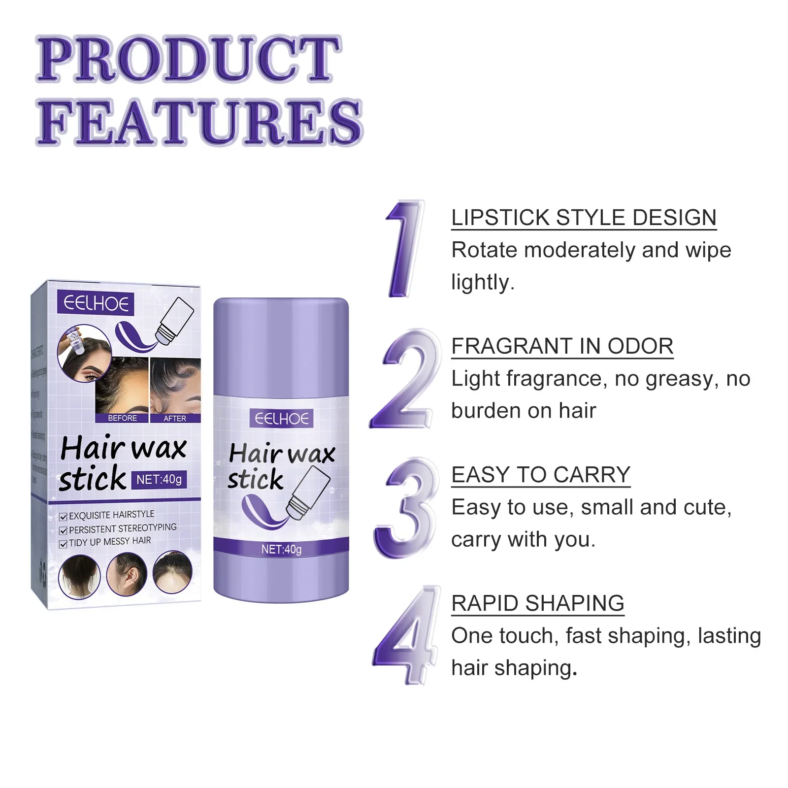 Sdotter Gel Cheveux Hair Wax Stick Prevent Frizz Arrange Loose Smooth Styling Wax Bar Edge Control Gel Long-lasting Non Greasy W