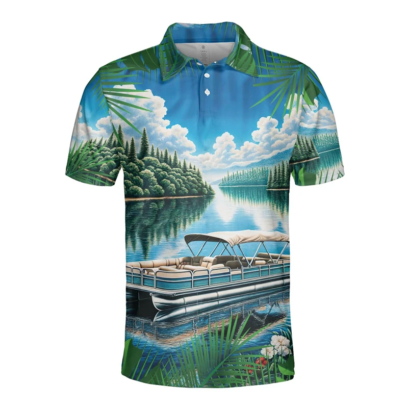 Hawaiian Pontoon Vacation Boat 3D Printed Short Sleeve Polo Shirts For Men Clothes Yacht POLO Shirt Sailboat Graphic Lapel Tops