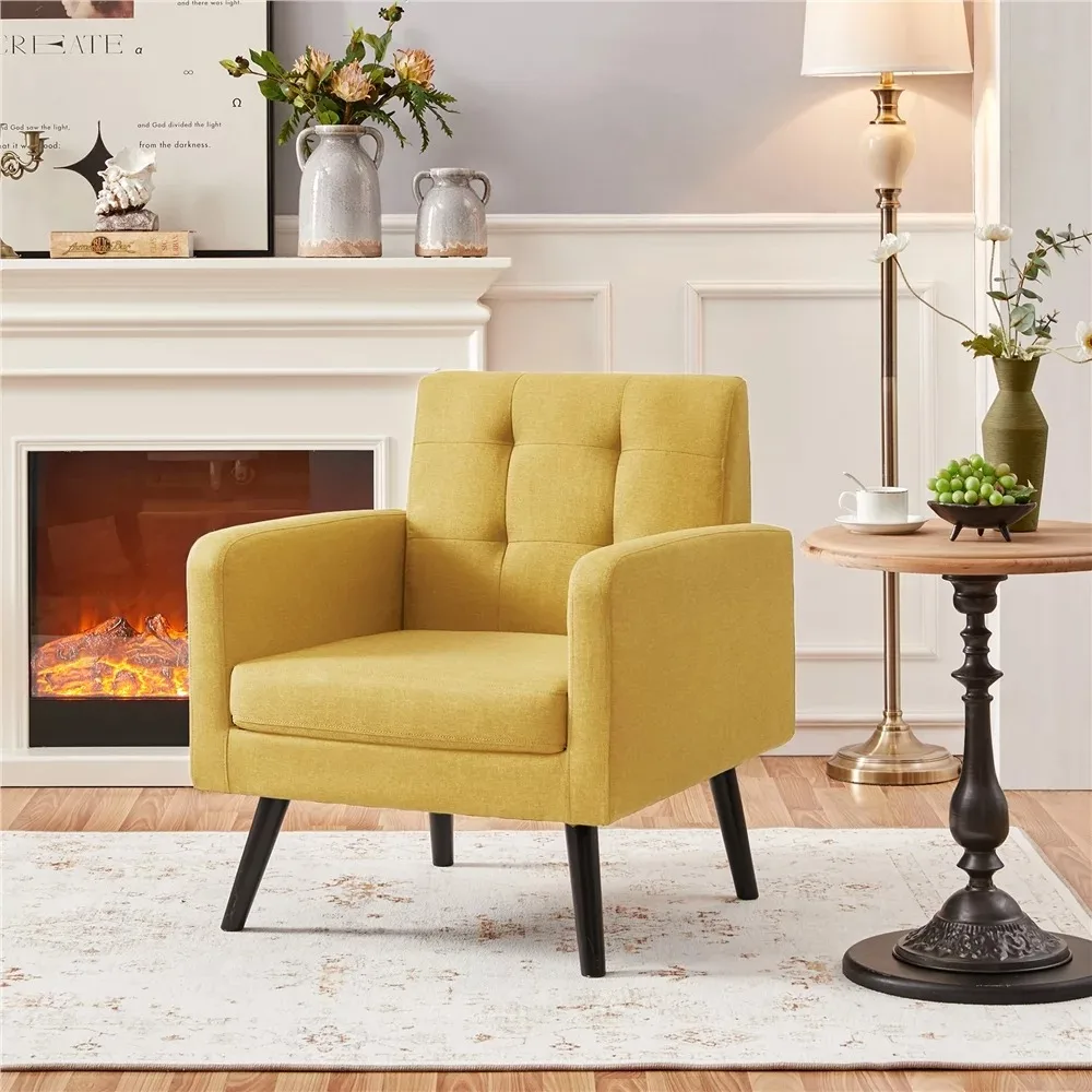 2023 New Smile Mart Modern Tufted Accent Arm Chair with Rubber Wood Leg for Living Room, Yellow