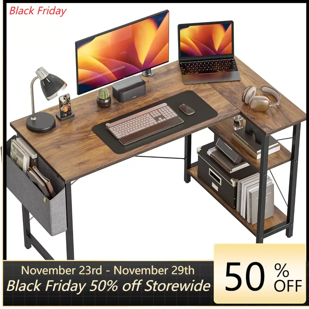 40 Inch Small L Shaped Computer Desk with Storage Shelves Home Office Corner Desk Study Writing Table, Deep Brown