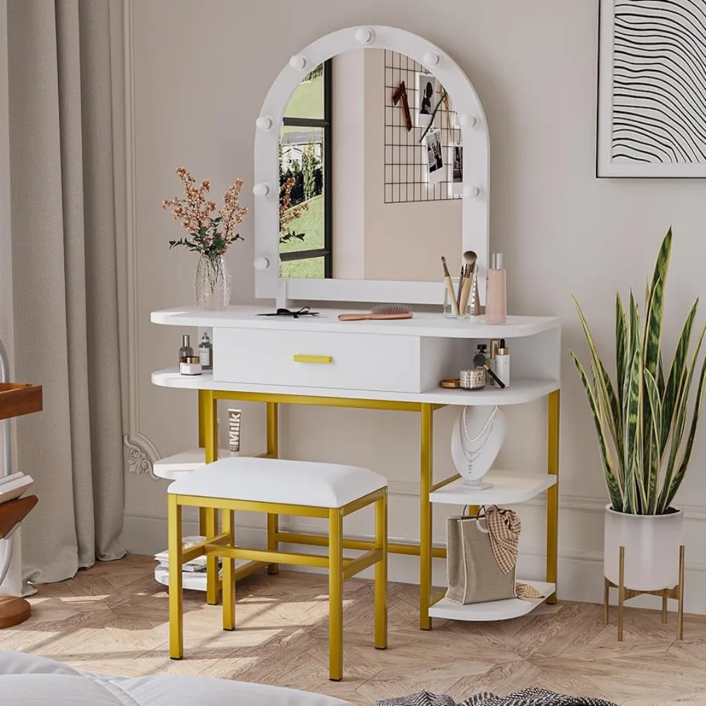Vanity Mirror with Lights and Table Set with Drawers, 9 LED Lights Vanity Desk with Stool, Girls Vanity Table with Shelves