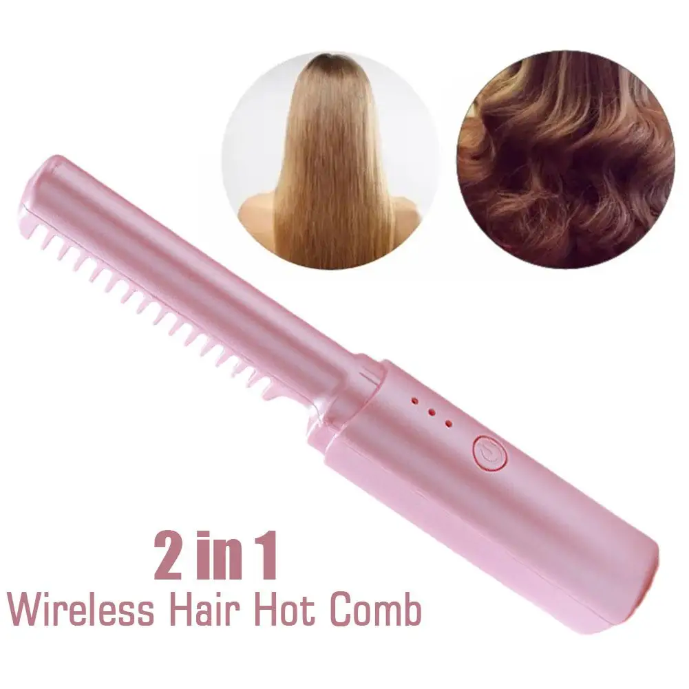 2 In 1 Wireless Hair Hot Comb Mini Usb Charging Straightener Negative Portable Fast Heating Tools Hair Styling Care Hair Io O6a4