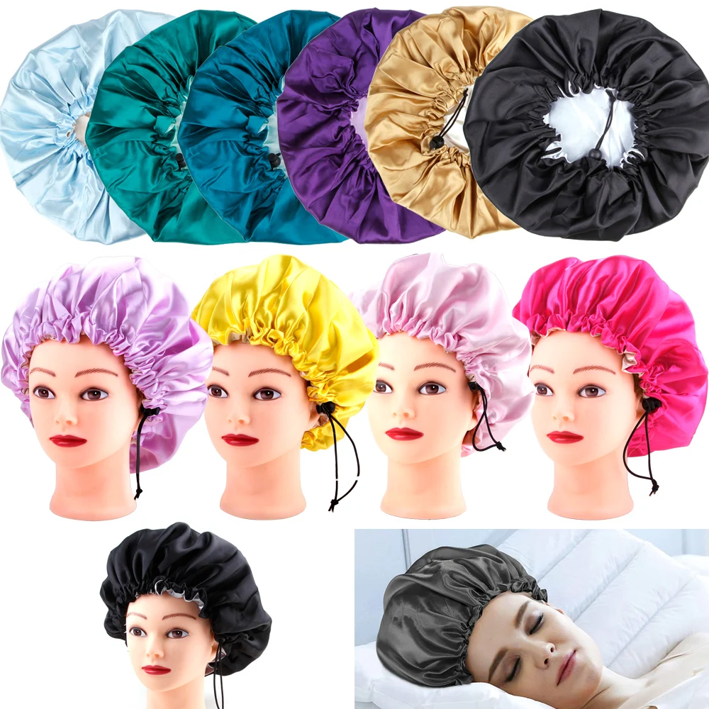 Satin Method Hat Reversible Satin Night Cap Double Layer Sleep Bonnet Hair Caps Cover Hat Curly Springy Hair Styling Accessories