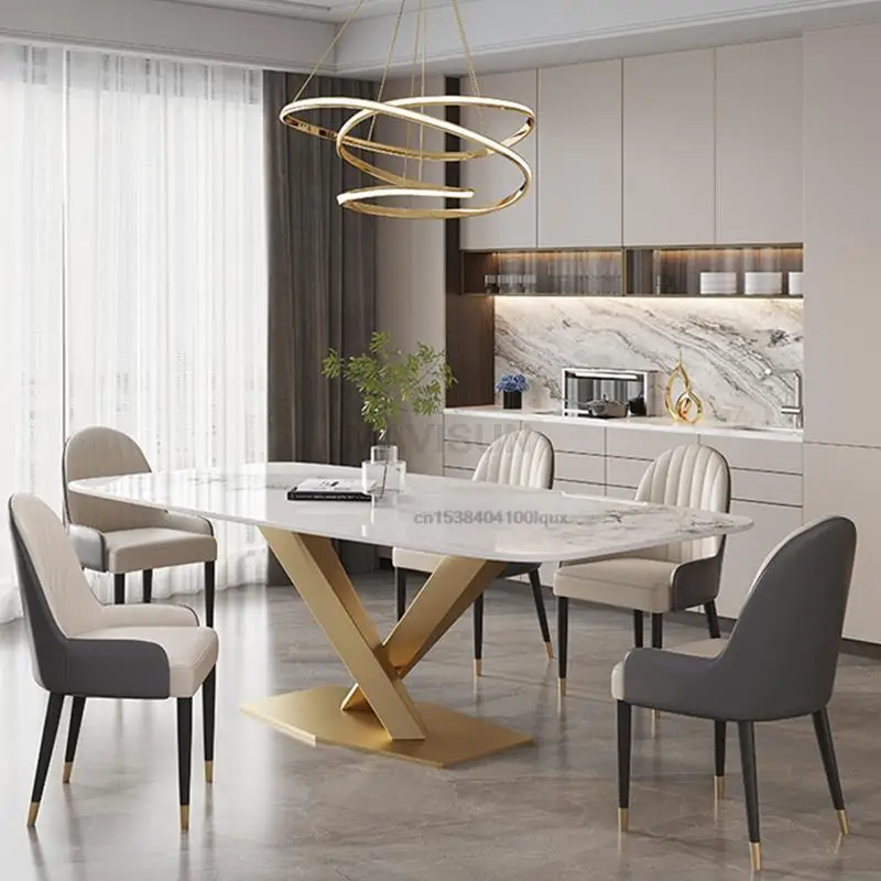 Luxurious Kitchen Table In Rectangle Marble Desk Top Stainless Steel Golden Finish 6 People Luxury Dining Table And Chair Set