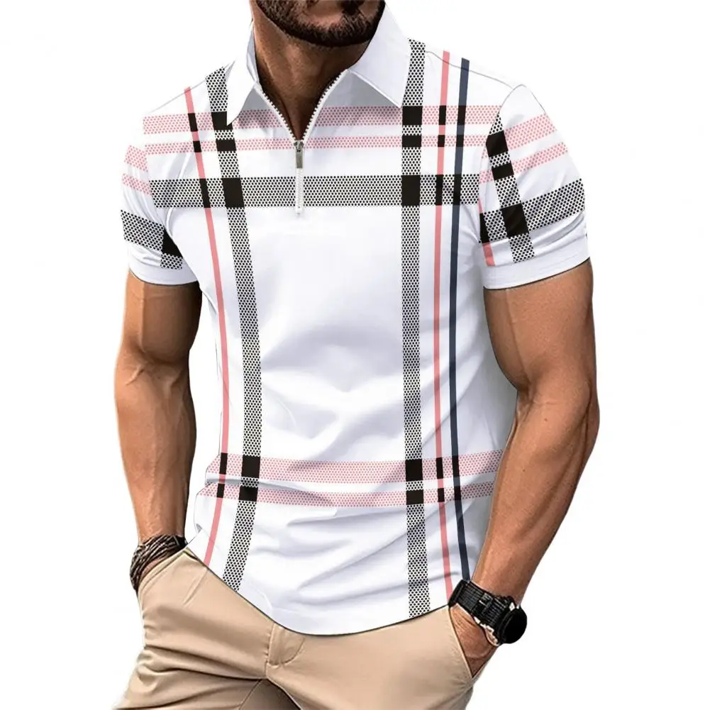 Comfortable Men Shirt Men Business Shirt Stylish Men's Summer Shirt with Lapel Zipper Plaid Striped Print Slim Fit Short for Men
